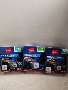 Hanes Cool Dri Men's Boxer Briefs Long Leg (3) 2-Pack- Black Gray & Blue NWT
